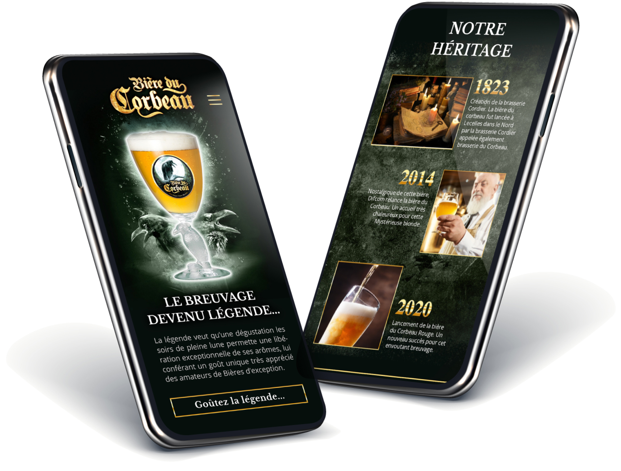 2 smartphones présentant des écrans du site web de La bière du corbeau, UX-UI design, territoire de marque, DA, direction artistique, art director