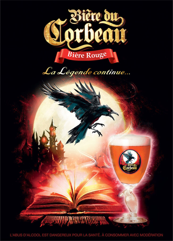 Annonce presse présentant la bière du corbeau rouge comme un breuvage mystique, DA, direction artistique, art director