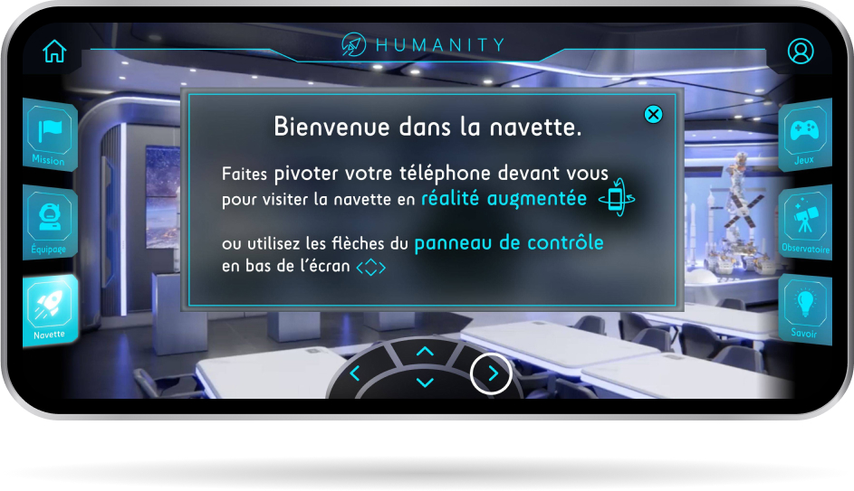 écran, navigation dans la navette 1/2 de l'application mobile Mission Humanity