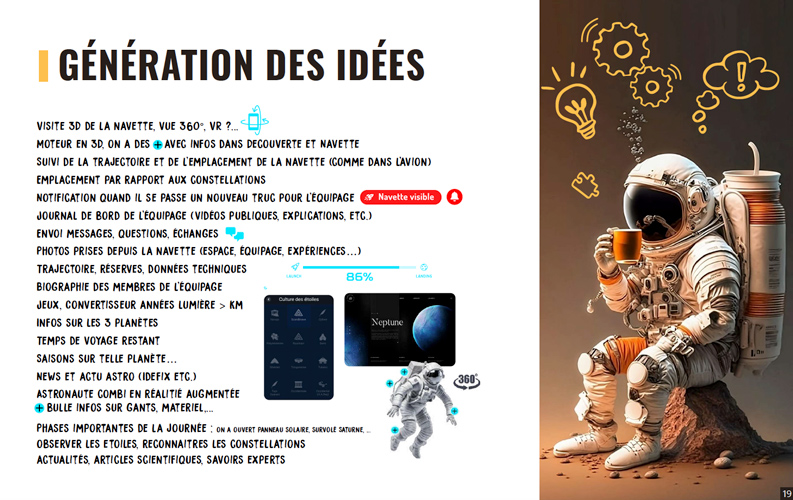 Synthèse de la génération des idées pour la réalisation de l'application Mission Humanity, UX design