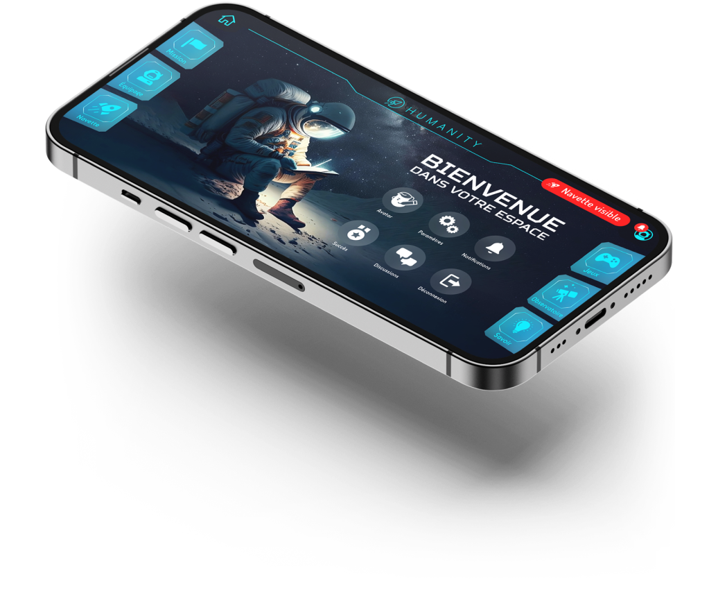 Présentation d'un smartphone flottant dans les airs. Sur l'écran on voit l'écran "mon espace" de l'application mobile Mission Humanity.