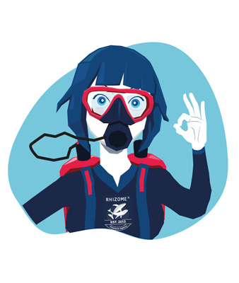 Illustration de Capucine équipée en plongeuse, prête à se mouiller pour accompagner au mieux les freelances