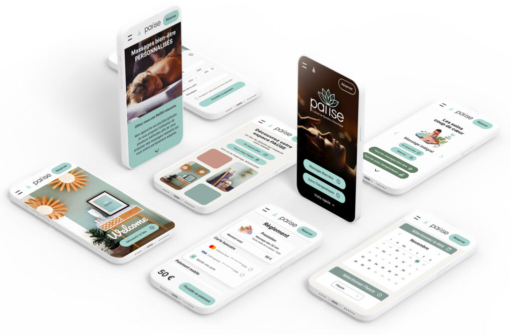 Visuel avec 8 smartphones présentant différents écrans du produit PAÜSE.