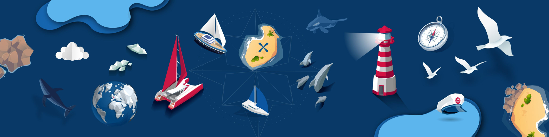 Éléments graphiques créés par Xavier Brysbaert pour nourrir l'univers maritime de la marque Rhizome IT.
UI design.