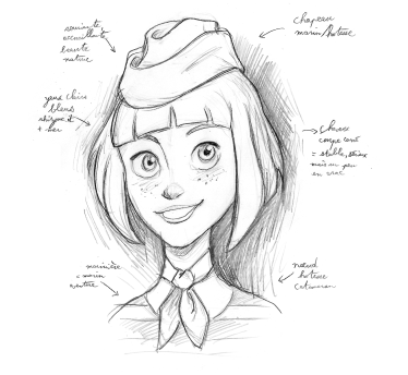 Croquis de l'avatar de Capucine, le guide virtuel, la mascotte de l'entreprise Rhizome IT
