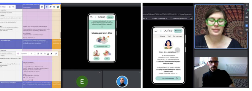 Visuel présentant un extrait des tests utilisateurs (captation d'écran, réaction de l'utilisatrice, notes et analyses)
