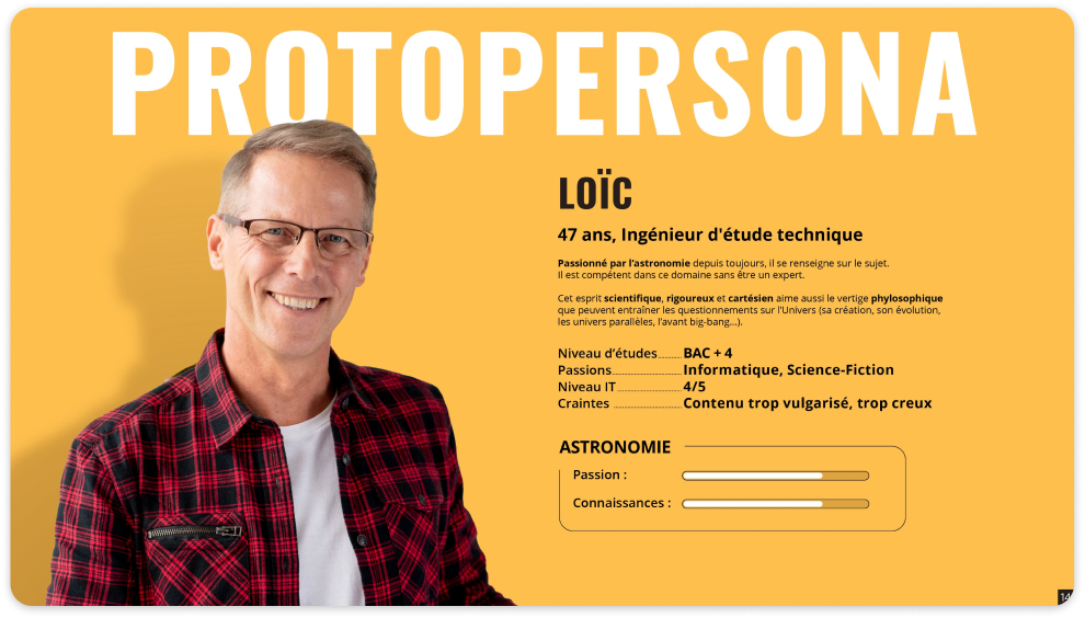 Fiche d'un protopersona pour la réalisation de l'application Mission Humanity, UX design